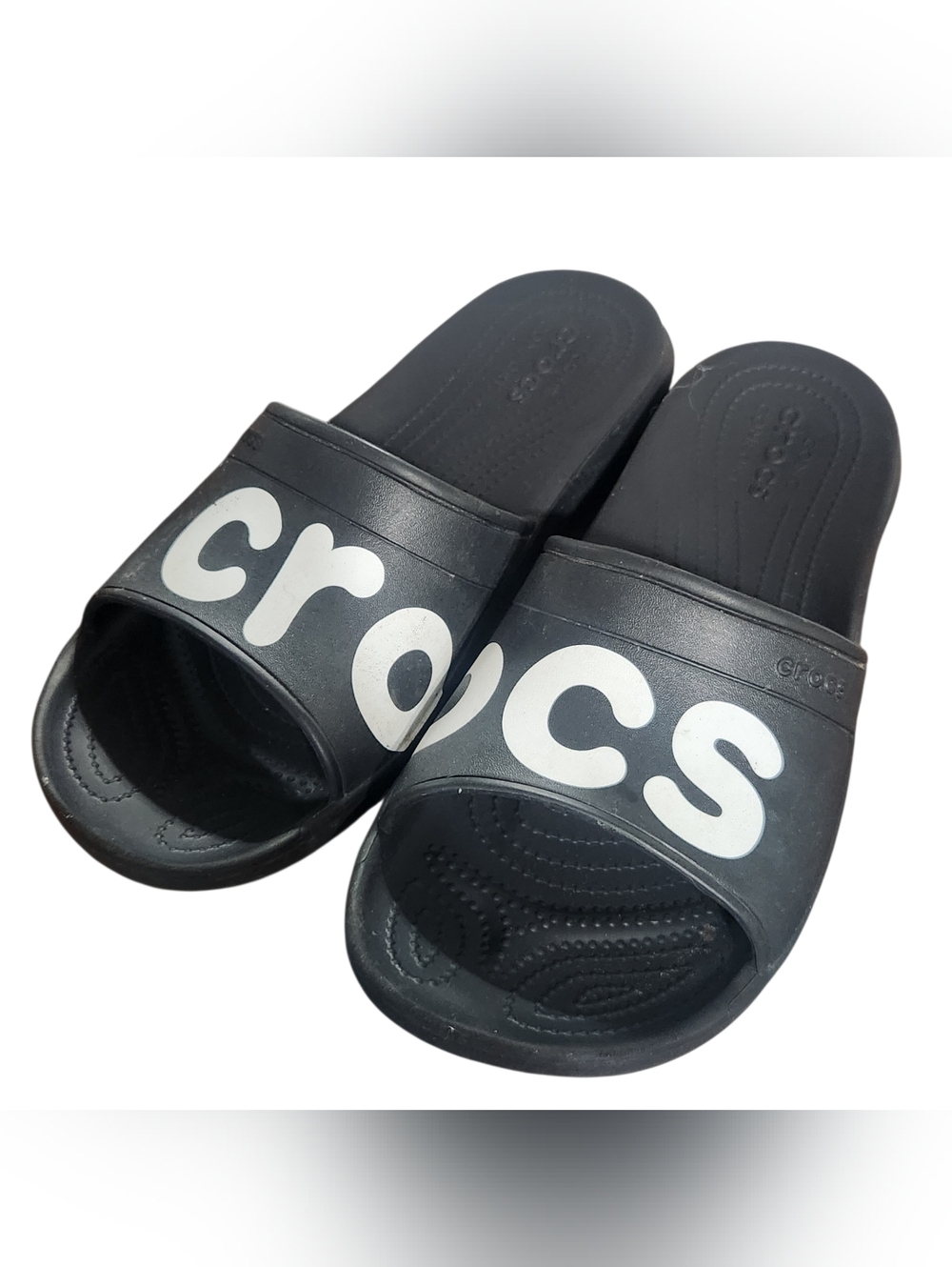 Crocs Black Slides Iconic Classic Sandals Graphic Spell Out Mens 11 Black Unisex